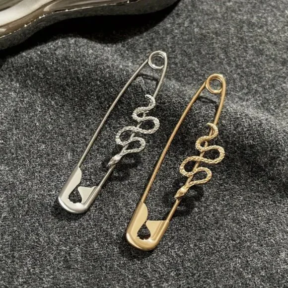 Mixed Metals Gold & Silver Snake Safety Pin Earrings NEW - Picture 2 of 7